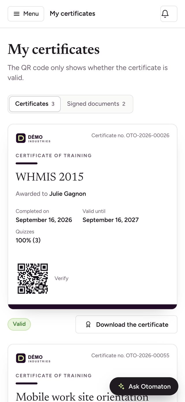 Certificate with QR code