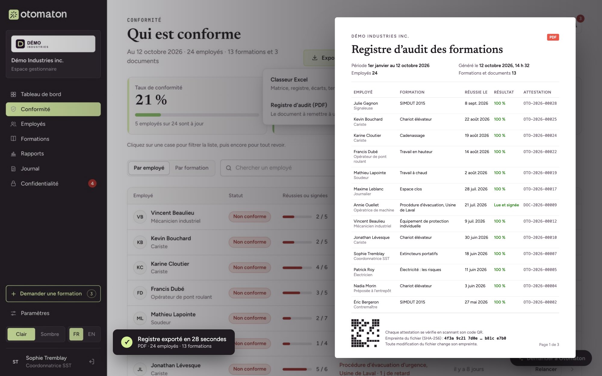 Le registre exporté en 30 secondes